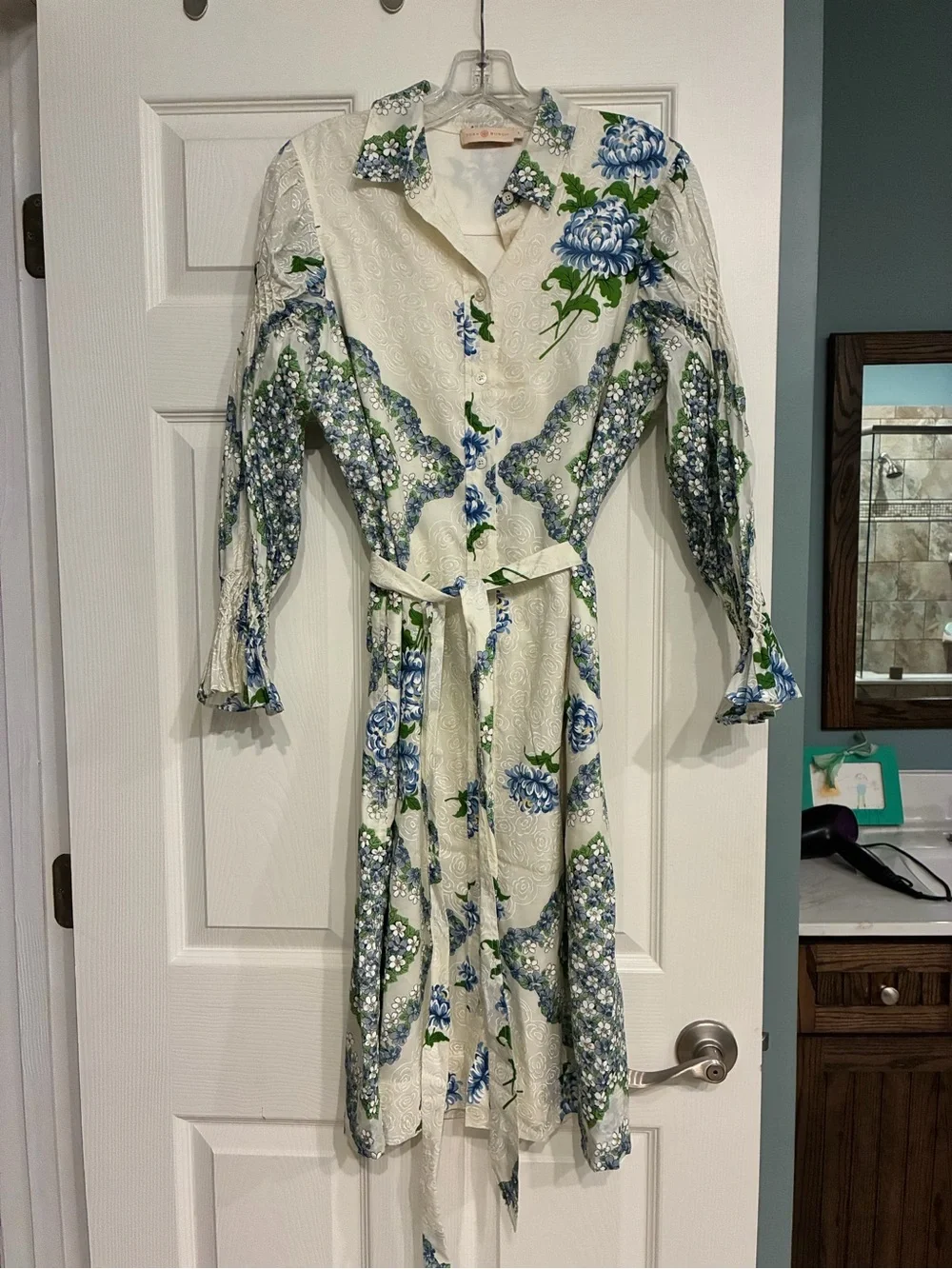 Tory Burch Cream Long-Sleeve Floral Shirt Dress with Blue and Green Print